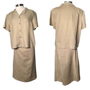 Orvis PXL (16P) Tan Linen Skirt and Button-up Shirt Set Career Comfortable Y2K